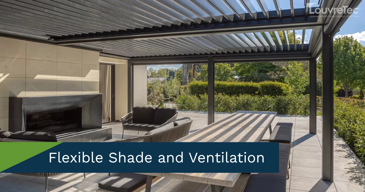 Stylish patio with a Louvretec opening roof offering year-round weatherproofing for outdoor living.