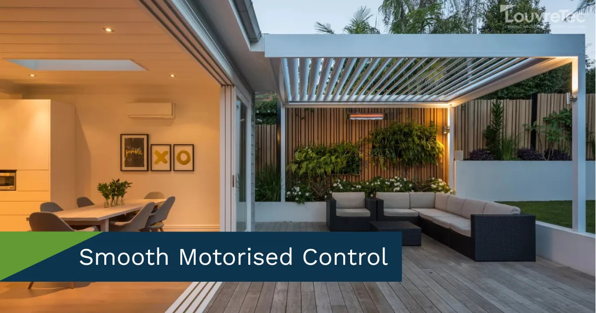 Elegant patio featuring a Louvretec opening roof with durable aluminum blades and wooden accents.