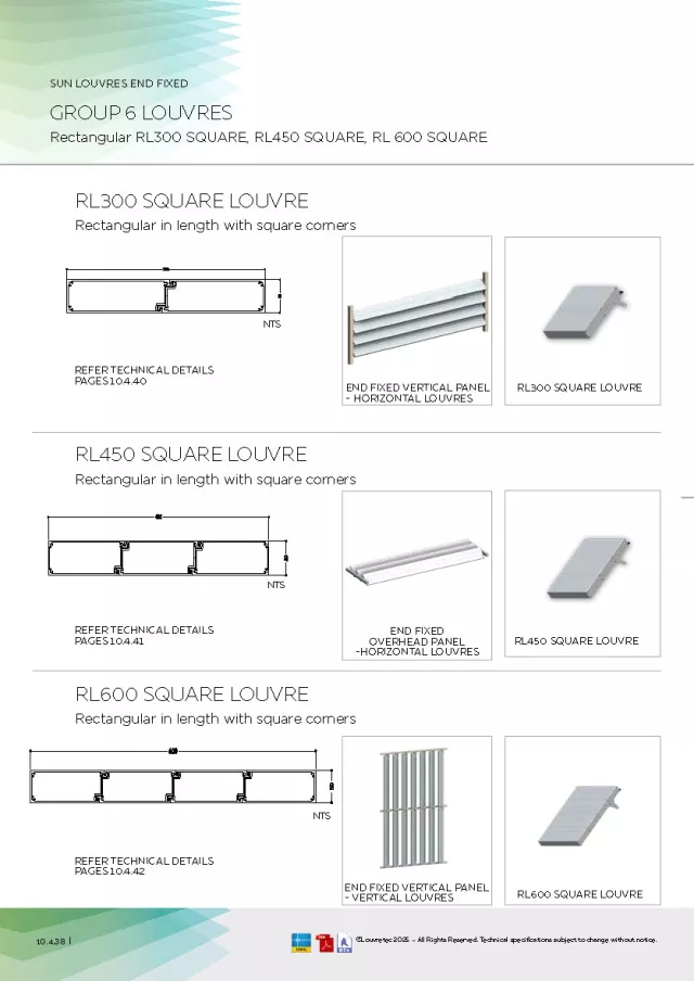 End Fixed RL300, RL450, RL600 Square and Mitred End Fixed Louvres | DM 10.4.38-10.4.46